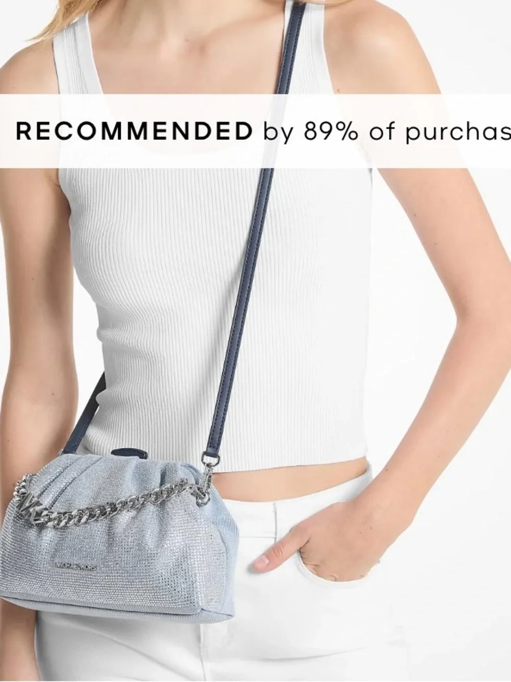 MICHAEL KORS Embellished Denim Blue Chain-Detail Crossbody Bag